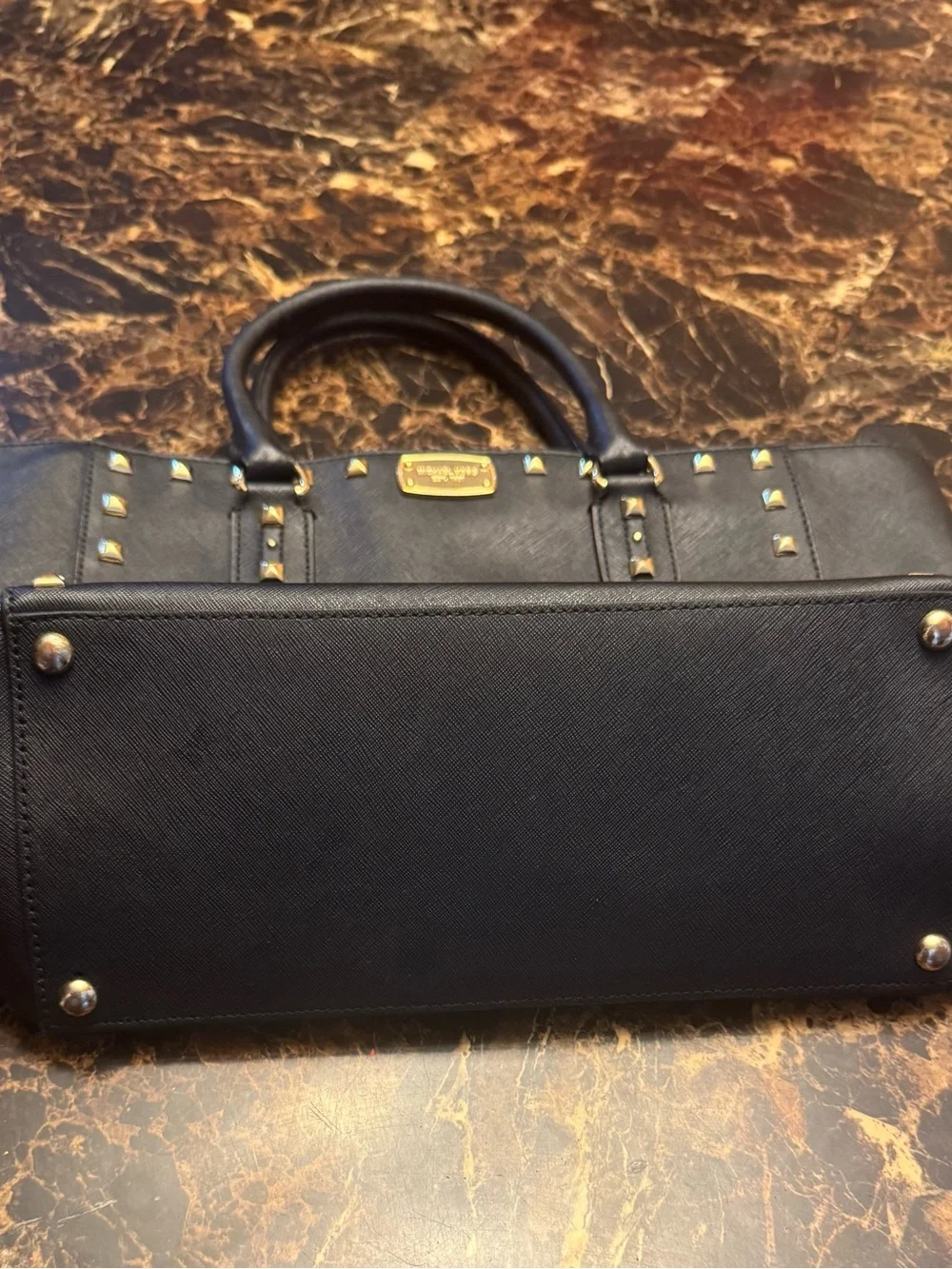 Michael Kors Black Leather Studded Tote with Gold Hardware